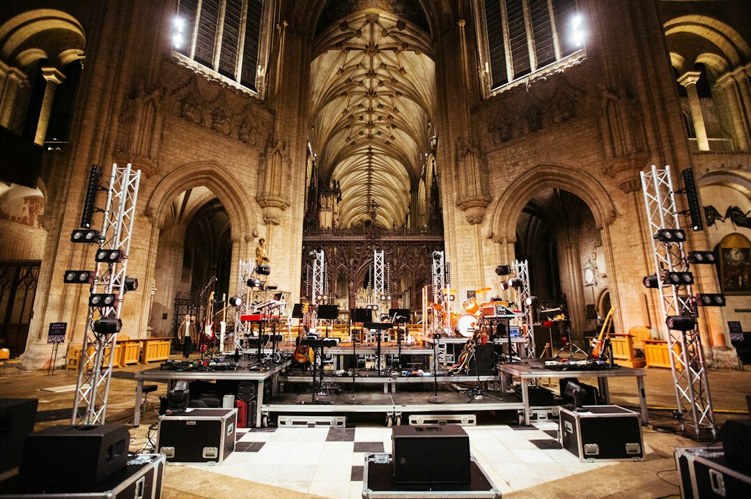 Studio equipment being set up on stands